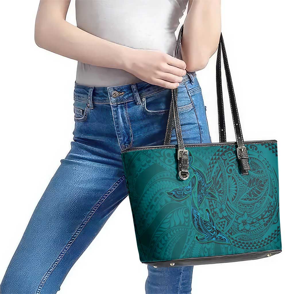 Hawaiian Whales Polynesian Art Motifs Leather Tote Bag Turquoise Color LT03 - Polynesian Pride