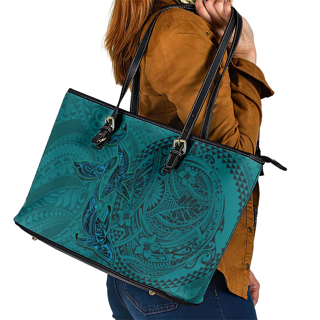 Hawaiian Whales Polynesian Art Motifs Leather Tote Bag Turquoise Color LT03 - Polynesian Pride