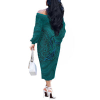 Hawaiian Whales Polynesian Art Motifs Off The Shoulder Long Sleeve Dress Turquoise Color - Polynesian Pride