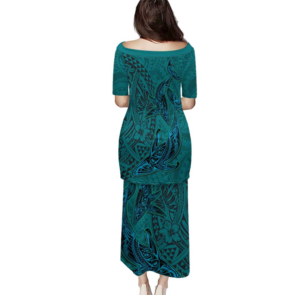 Hawaiian Whales Polynesian Art Motifs Puletasi Turquoise Color - Polynesian Pride