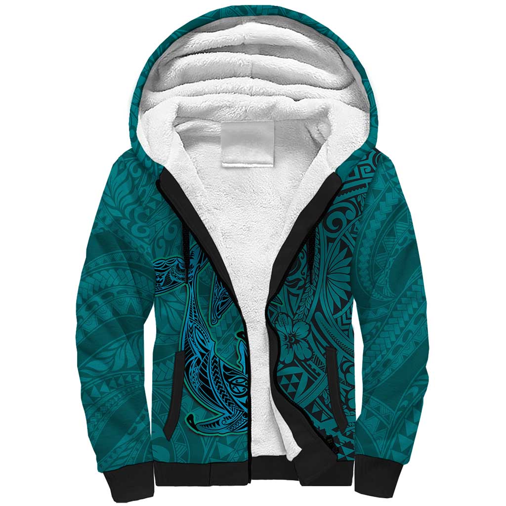 Hawaiian Whales Polynesian Art Motifs Sherpa Hoodie Turquoise Color - Polynesian Pride