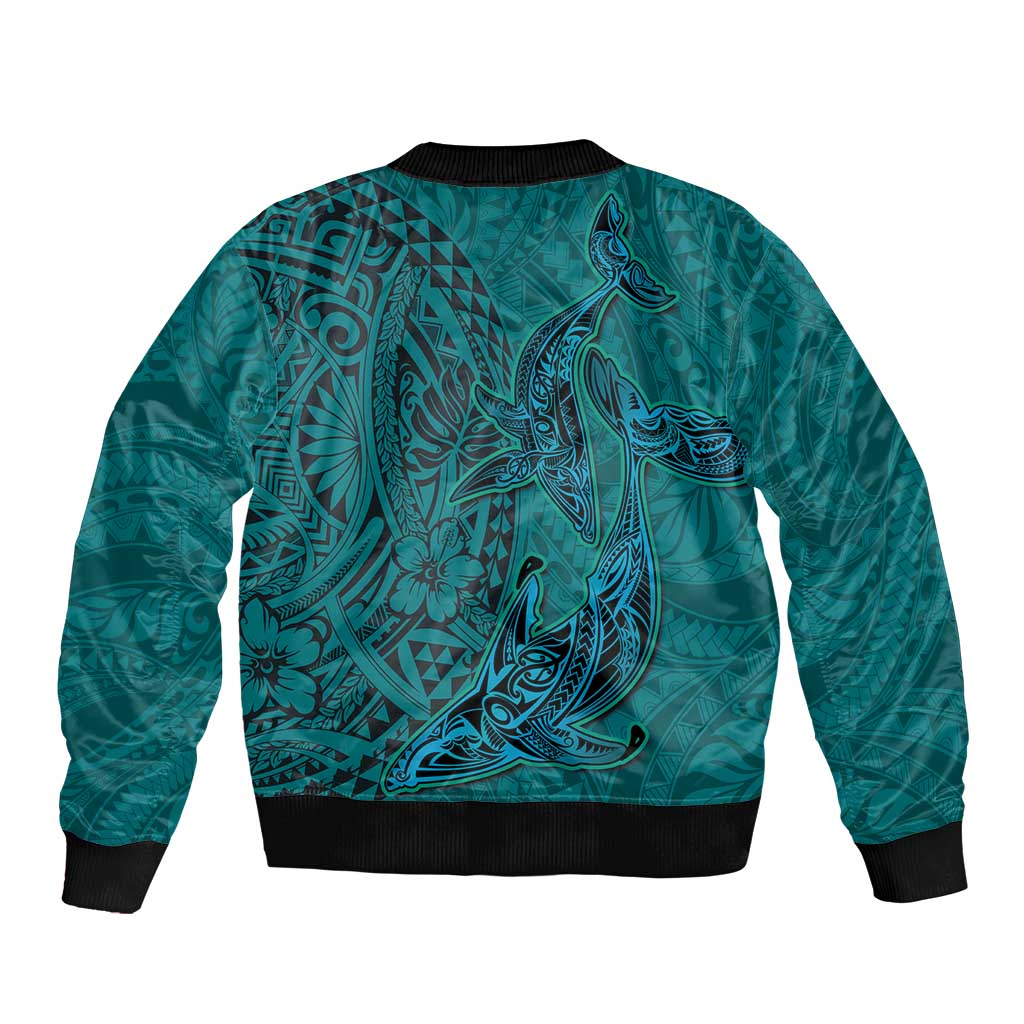Hawaiian Whales Polynesian Art Motifs Sleeve Zip Bomber Jacket Turquoise Color LT03 - Polynesian Pride