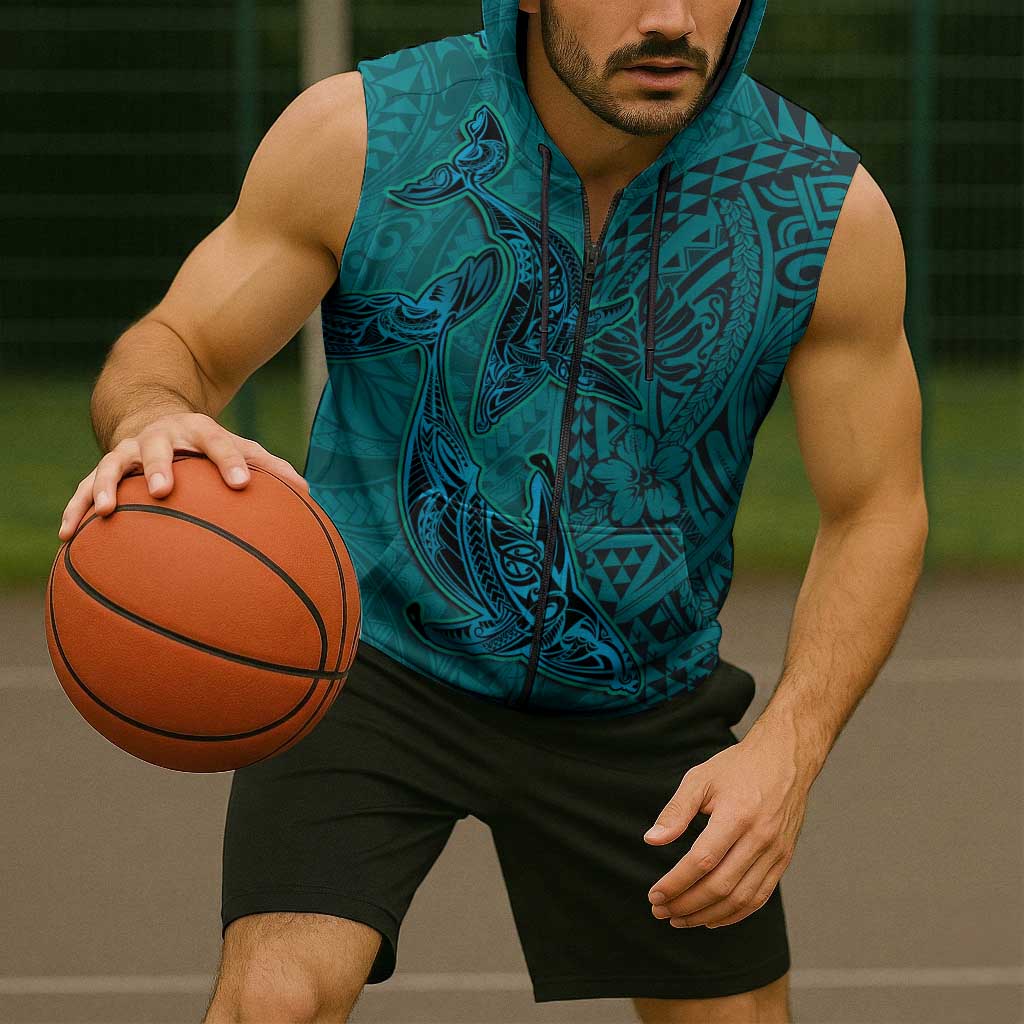 Hawaiian Whales Polynesian Art Motifs Sleeveless Zip Hoodie Turquoise Color - Polynesian Pride