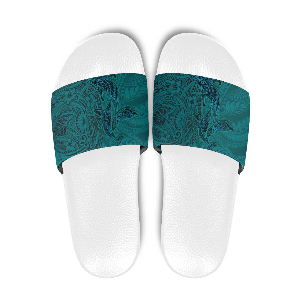 Hawaiian Whales Polynesian Art Motifs Slide Sandals Turquoise Color LT03 Turquoise - Polynesian Pride