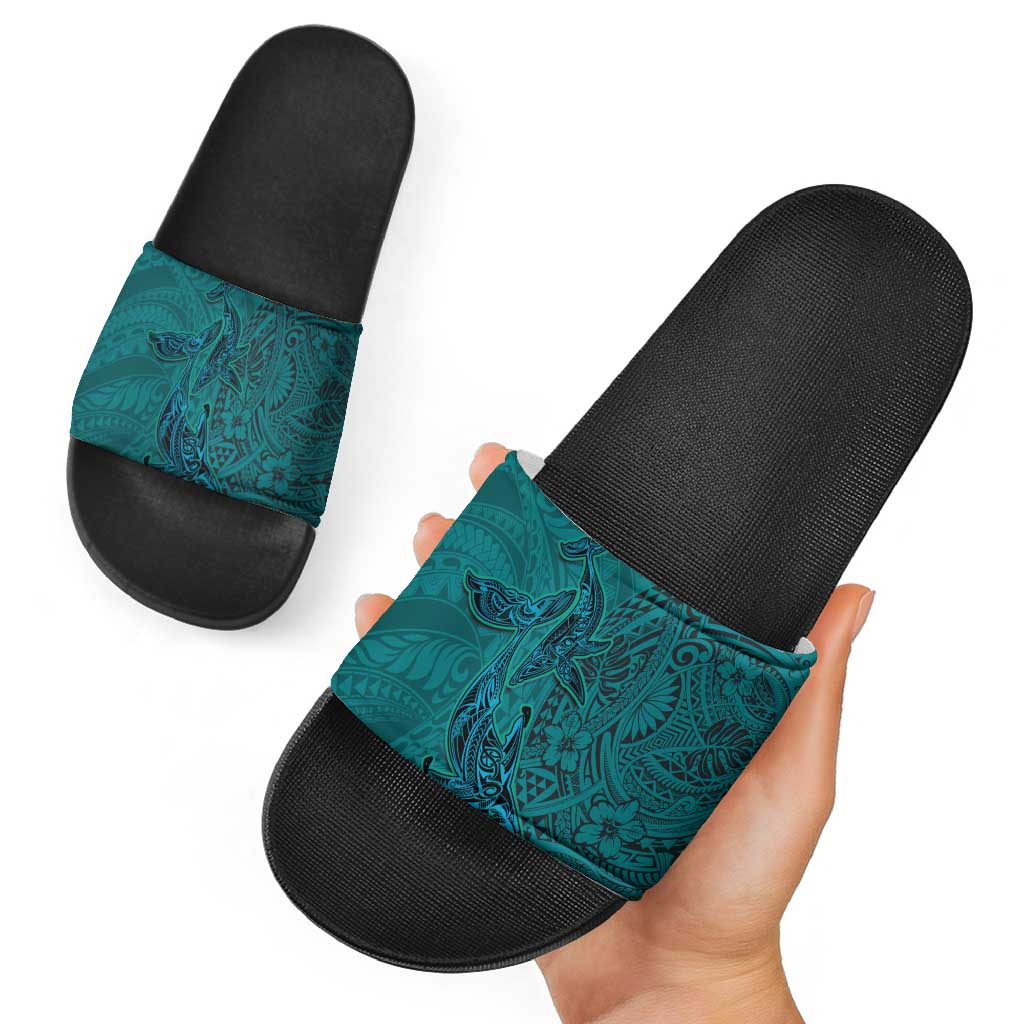 Hawaiian Whales Polynesian Art Motifs Slide Sandals Turquoise Color LT03 - Polynesian Pride