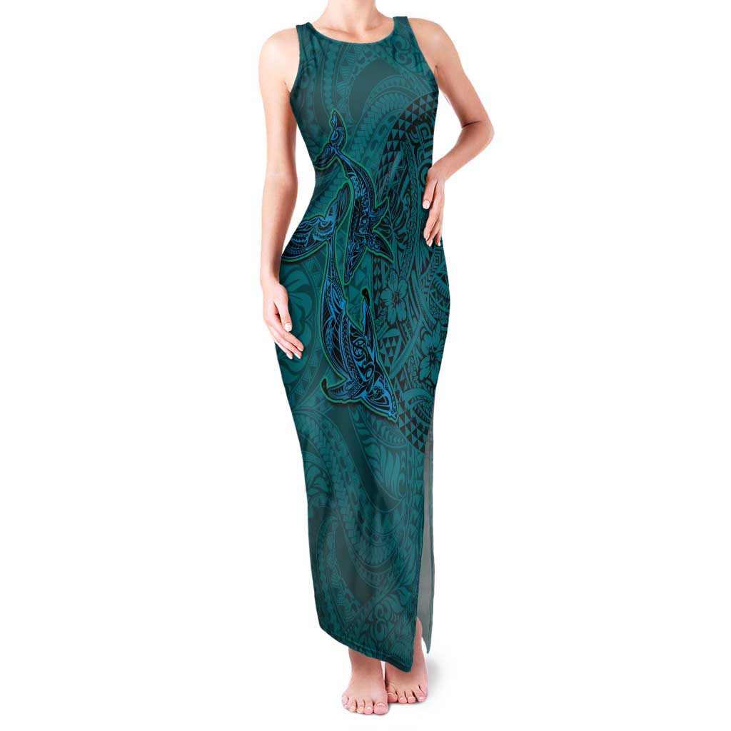 Hawaiian Whales Polynesian Art Motifs Tank Maxi Dress Turquoise Color - Polynesian Pride