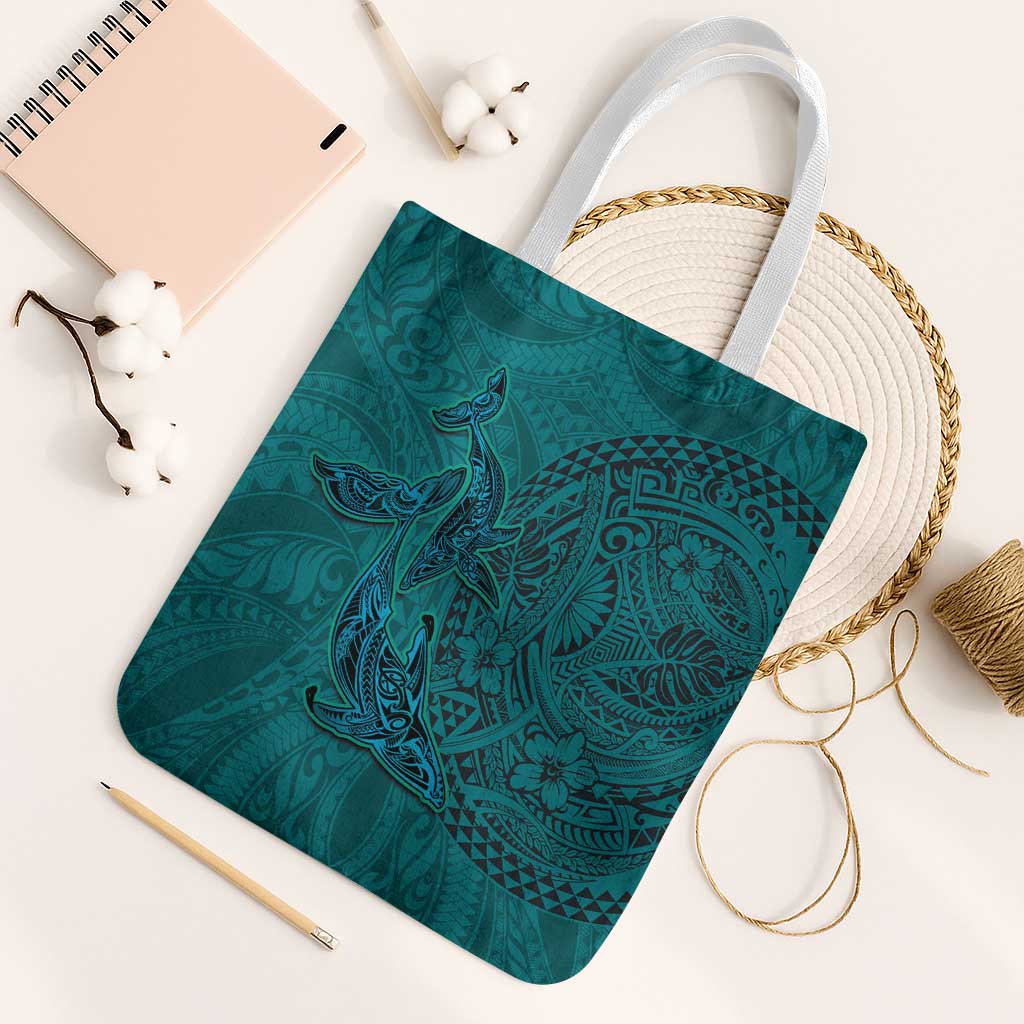 Hawaiian Whales Polynesian Art Motifs Tote Bag Turquoise Color - Polynesian Pride