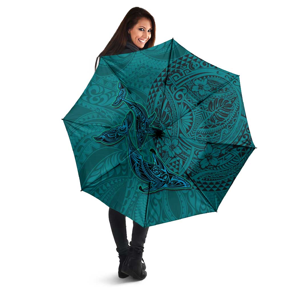 Hawaiian Whales Polynesian Art Motifs Umbrella Turquoise Color - Polynesian Pride