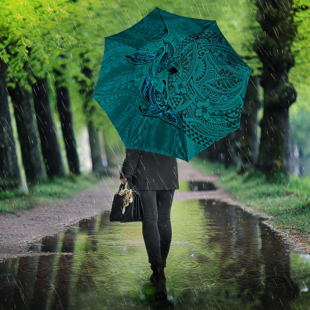 Hawaiian Whales Polynesian Art Motifs Umbrella Turquoise Color - Polynesian Pride
