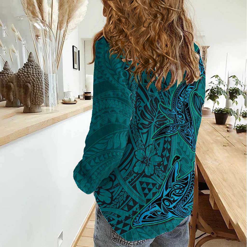 Hawaiian Whales Polynesian Art Motifs Women Casual Shirt Turquoise Color - Polynesian Pride