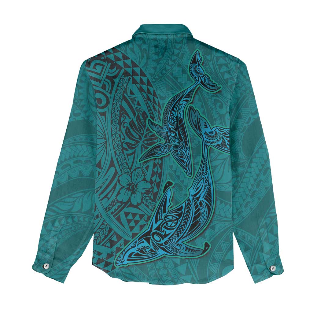 Hawaiian Whales Polynesian Art Motifs Women Casual Shirt Turquoise Color - Polynesian Pride