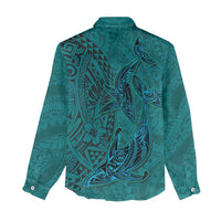 Hawaiian Whales Polynesian Art Motifs Women Casual Shirt Turquoise Color - Polynesian Pride