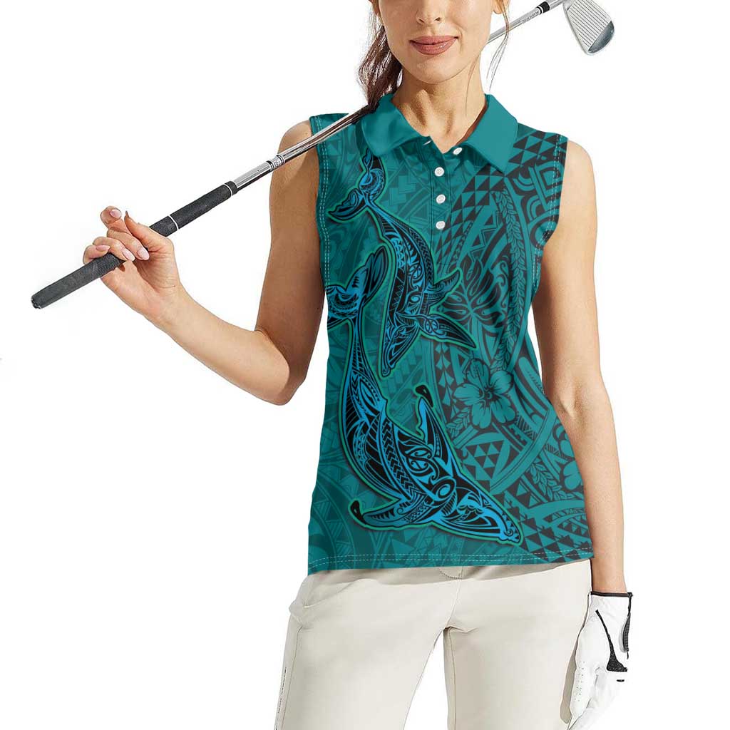 Hawaiian Whales Polynesian Art Motifs Women Sleeveless Polo Shirt Turquoise Color - Polynesian Pride