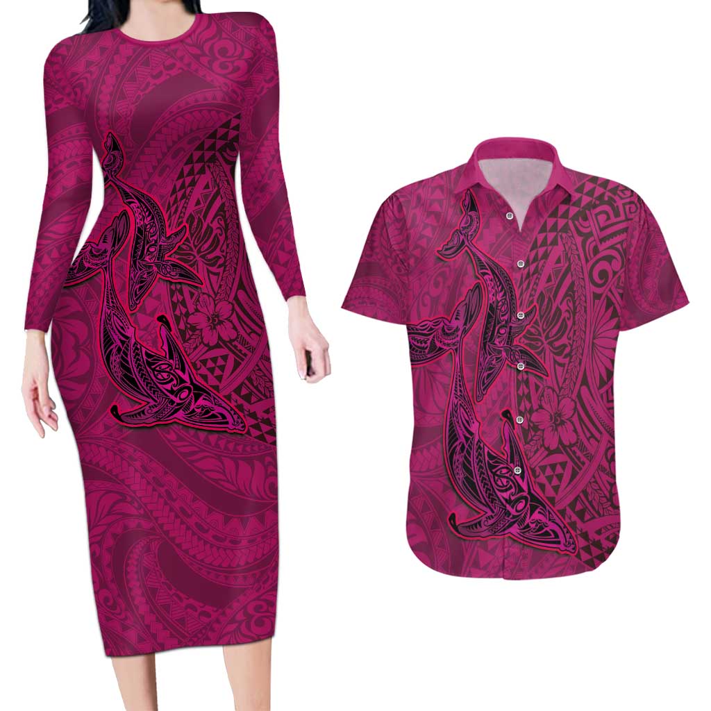 Hawaiian Whales Polynesian Art Motifs Couples Matching Long Sleeve Bodycon Dress and Hawaiian Shirt Pink Color LT03 Pink - Polynesian Pride
