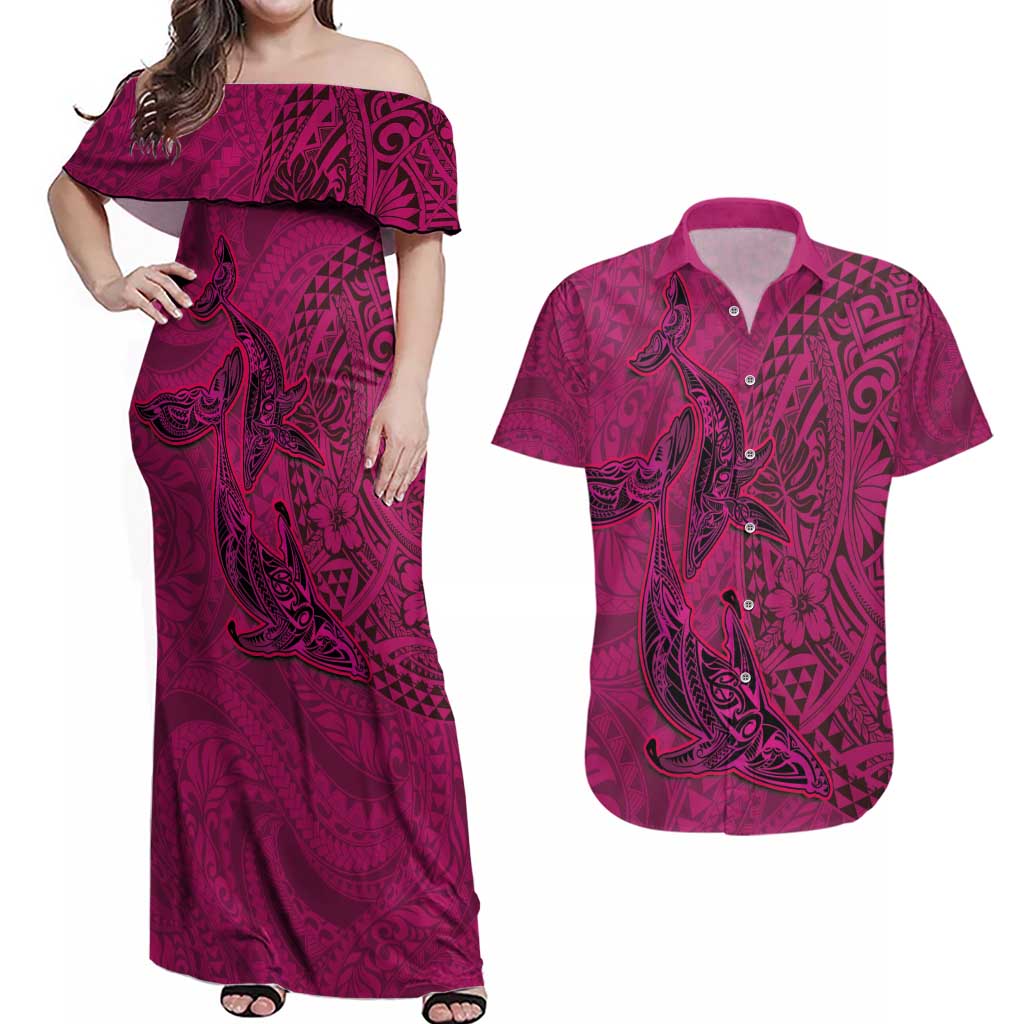 Hawaiian Whales Polynesian Art Motifs Couples Matching Off Shoulder Maxi Dress and Hawaiian Shirt Pink Color LT03 Pink - Polynesian Pride