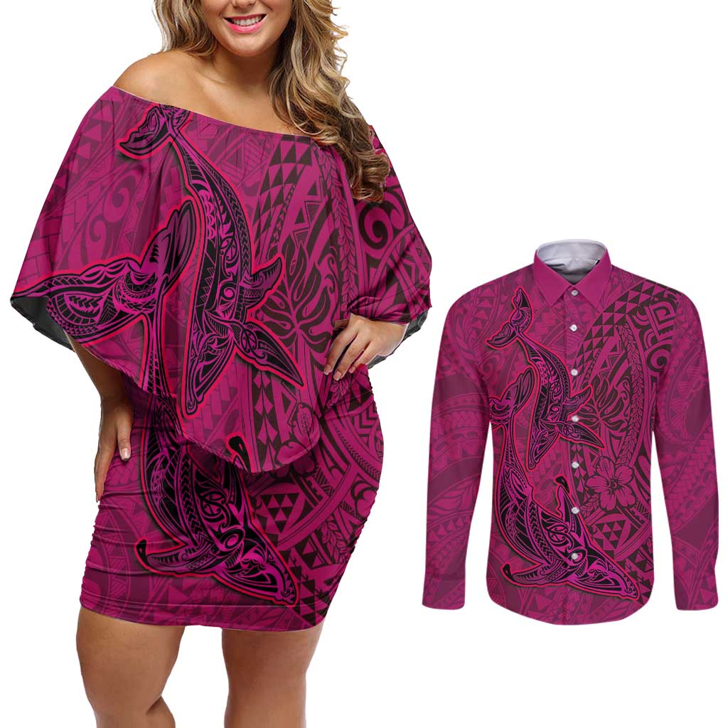Hawaiian Whales Polynesian Art Motifs Couples Matching Off Shoulder Short Dress and Long Sleeve Button Shirt Pink Color - Polynesian Pride