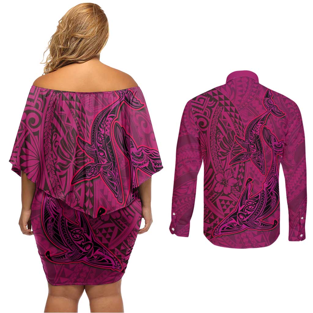 Hawaiian Whales Polynesian Art Motifs Couples Matching Off Shoulder Short Dress and Long Sleeve Button Shirt Pink Color - Polynesian Pride