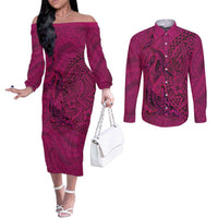 Hawaiian Whales Polynesian Art Motifs Couples Matching Off The Shoulder Long Sleeve Dress and Long Sleeve Button Shirt Pink Color LT03 Pink - Polynesian Pride