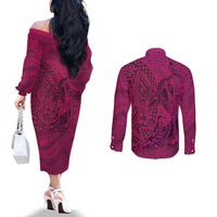 Hawaiian Whales Polynesian Art Motifs Couples Matching Off The Shoulder Long Sleeve Dress and Long Sleeve Button Shirt Pink Color LT03 - Polynesian Pride
