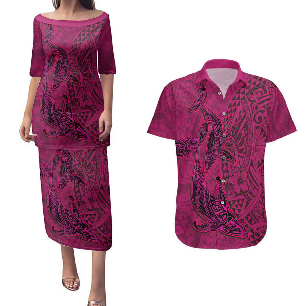 Hawaiian Whales Polynesian Art Motifs Couples Matching Puletasi and Hawaiian Shirt Pink Color - Polynesian Pride