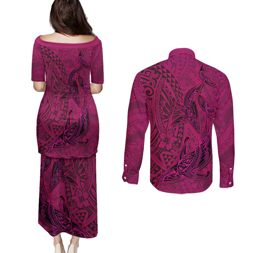 Hawaiian Whales Polynesian Art Motifs Couples Matching Puletasi and Long Sleeve Button Shirt Pink Color - Polynesian Pride