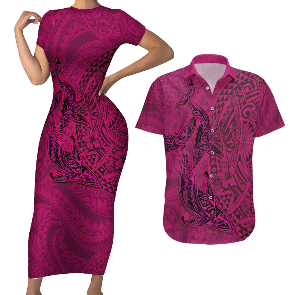 Hawaiian Whales Polynesian Art Motifs Couples Matching Short Sleeve Bodycon Dress and Hawaiian Shirt Pink Color LT03 Pink - Polynesian Pride