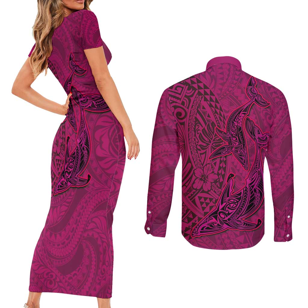 Hawaiian Whales Polynesian Art Motifs Couples Matching Short Sleeve Bodycon Dress and Long Sleeve Button Shirt Pink Color LT03 - Polynesian Pride