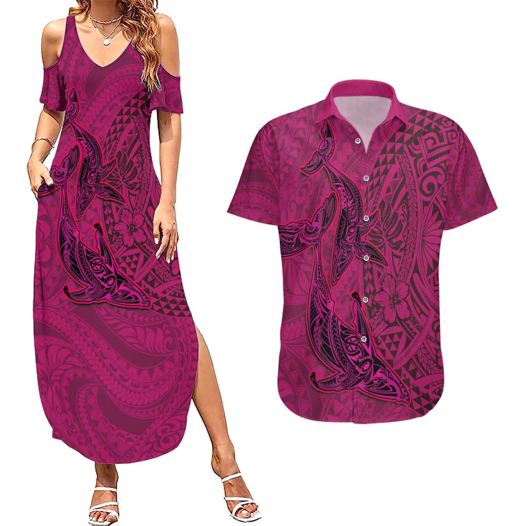 Hawaiian Whales Polynesian Art Motifs Couples Matching Summer Maxi Dress and Hawaiian Shirt Pink Color LT03 Pink - Polynesian Pride