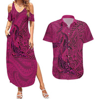 Hawaiian Whales Polynesian Art Motifs Couples Matching Summer Maxi Dress and Hawaiian Shirt Pink Color LT03 Pink - Polynesian Pride