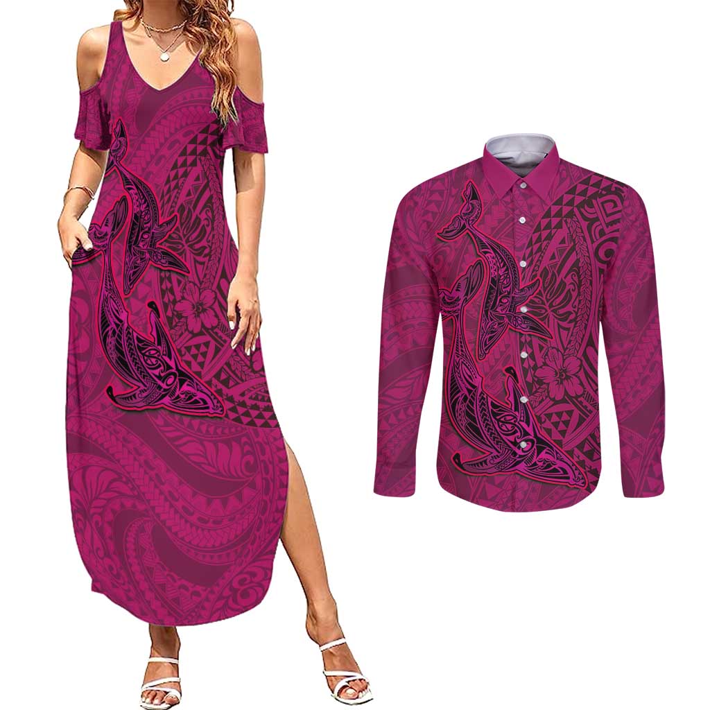 Hawaiian Whales Polynesian Art Motifs Couples Matching Summer Maxi Dress and Long Sleeve Button Shirt Pink Color - Polynesian Pride