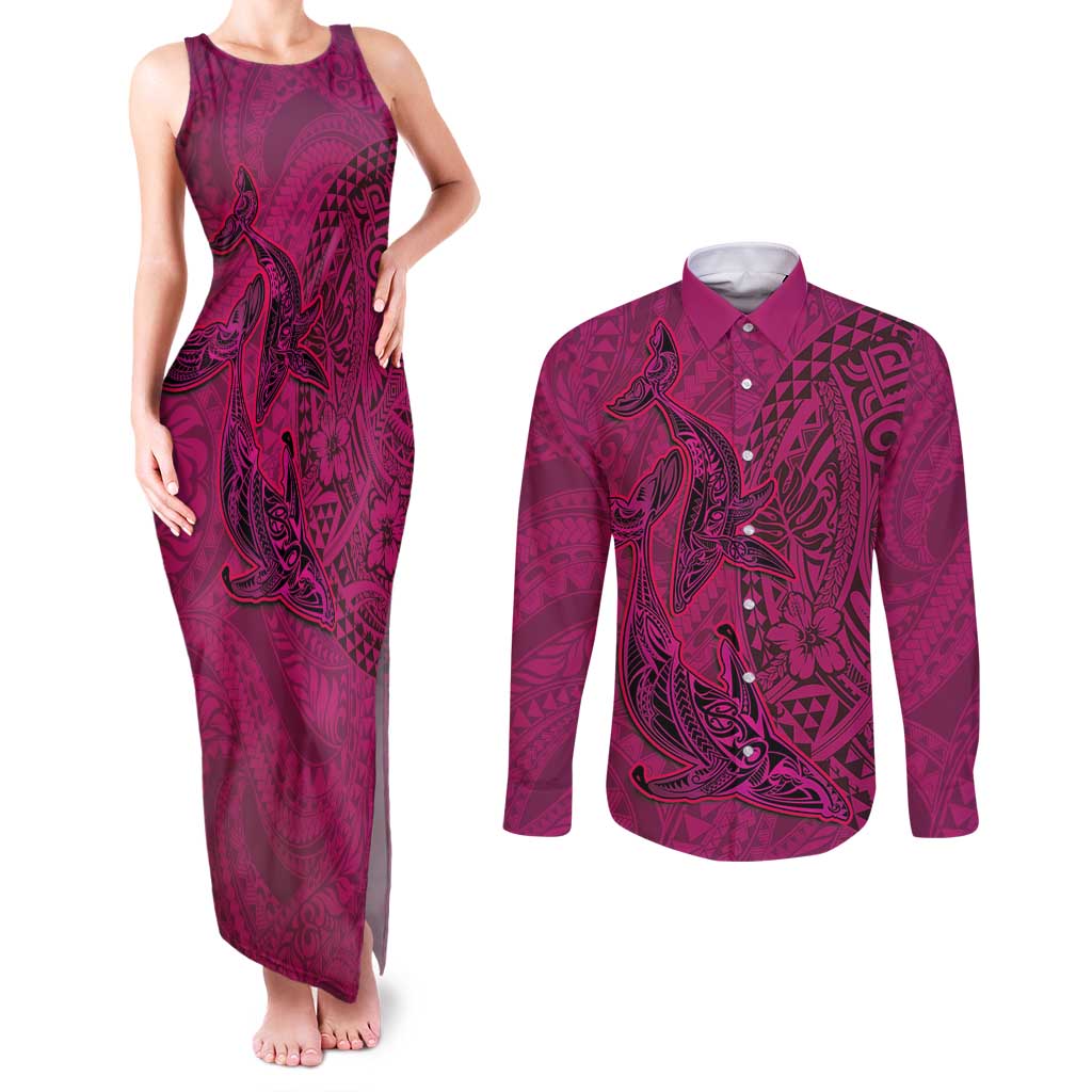 Hawaiian Whales Polynesian Art Motifs Couples Matching Tank Maxi Dress and Long Sleeve Button Shirt Pink Color - Polynesian Pride