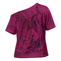 Hawaiian Whales Polynesian Art Motifs Cross Shoulder Shirt Pink Color - Polynesian Pride