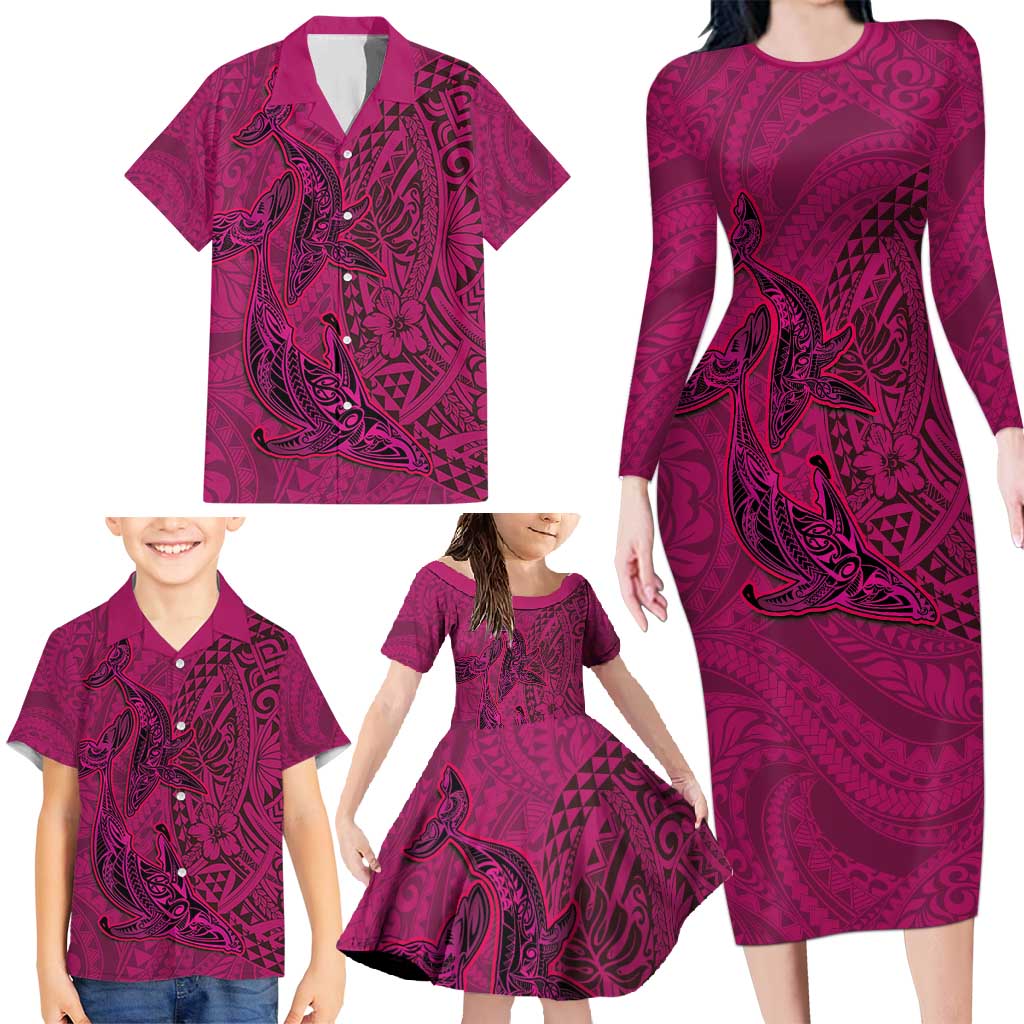 Hawaiian Whales Polynesian Art Motifs Family Matching Long Sleeve Bodycon Dress and Hawaiian Shirt Pink Color LT03 - Polynesian Pride