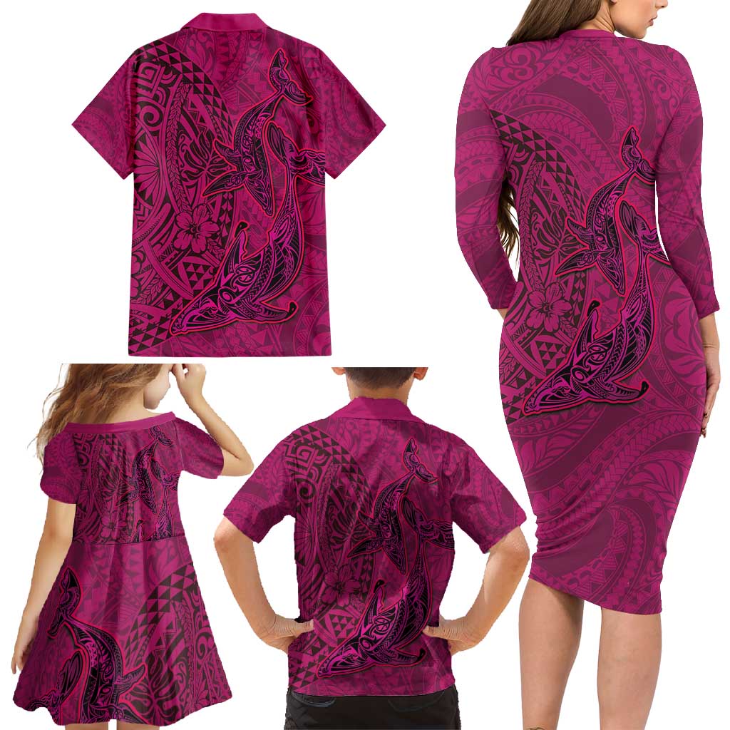 Hawaiian Whales Polynesian Art Motifs Family Matching Long Sleeve Bodycon Dress and Hawaiian Shirt Pink Color LT03 - Polynesian Pride