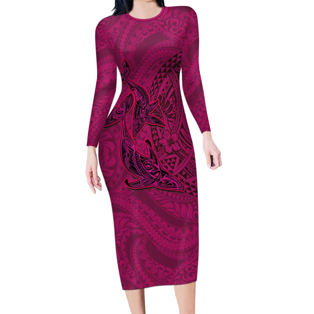 Hawaiian Whales Polynesian Art Motifs Family Matching Long Sleeve Bodycon Dress and Hawaiian Shirt Pink Color LT03 Mom's Dress Pink - Polynesian Pride