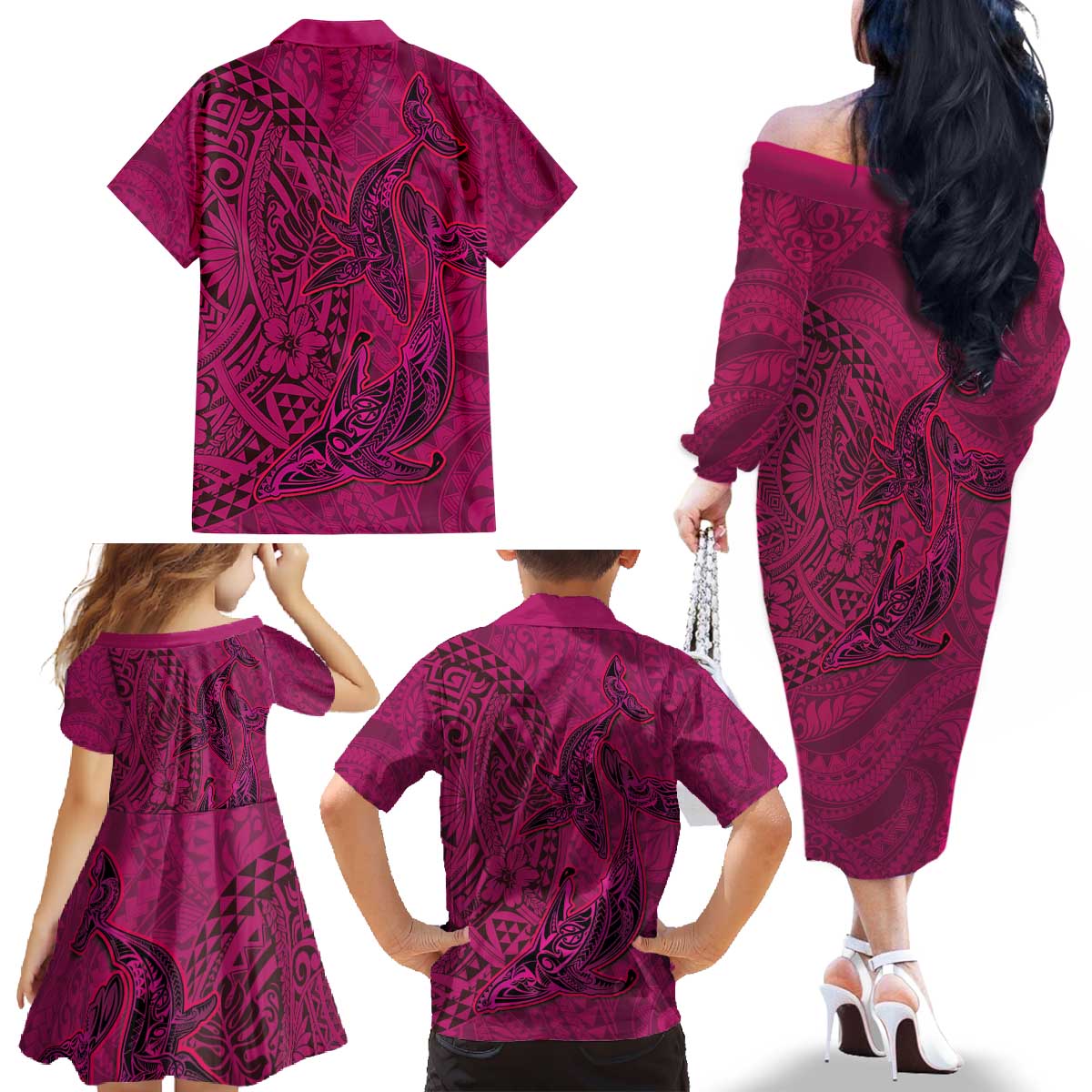 Hawaiian Whales Polynesian Art Motifs Family Matching Off The Shoulder Long Sleeve Dress and Hawaiian Shirt Pink Color LT03 - Polynesian Pride