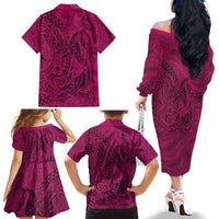 Hawaiian Whales Polynesian Art Motifs Family Matching Off The Shoulder Long Sleeve Dress and Hawaiian Shirt Pink Color LT03 - Polynesian Pride