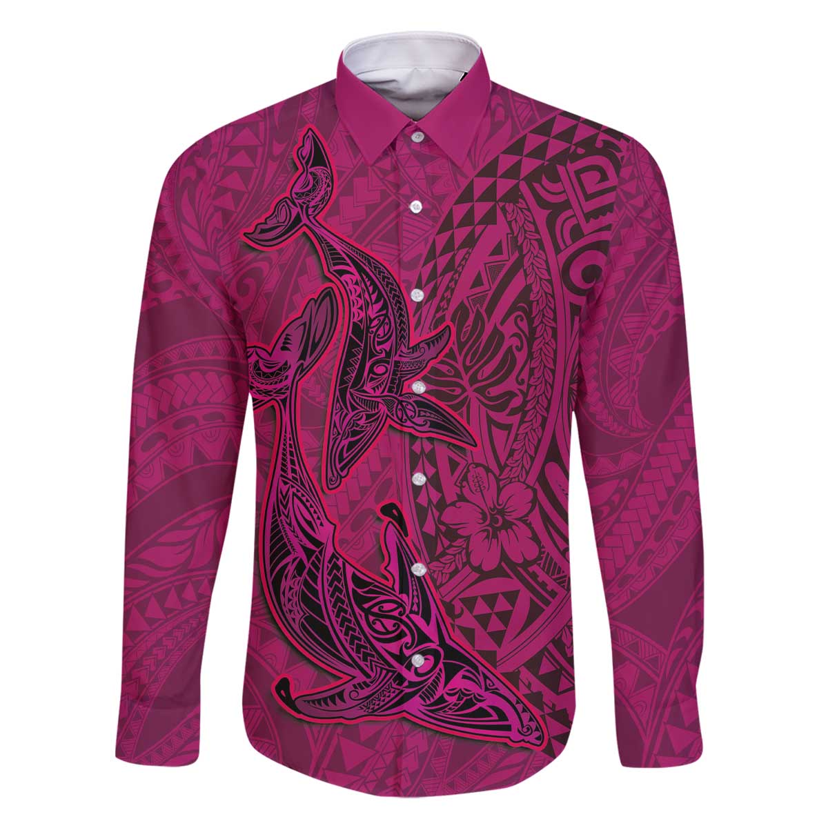 Hawaiian Whales Polynesian Art Motifs Family Matching Off The Shoulder Long Sleeve Dress and Hawaiian Shirt Pink Color LT03 Dad's Shirt - Long Sleeve Pink - Polynesian Pride