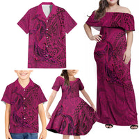 Hawaiian Whales Polynesian Art Motifs Family Matching Off Shoulder Maxi Dress and Hawaiian Shirt Pink Color LT03 - Polynesian Pride