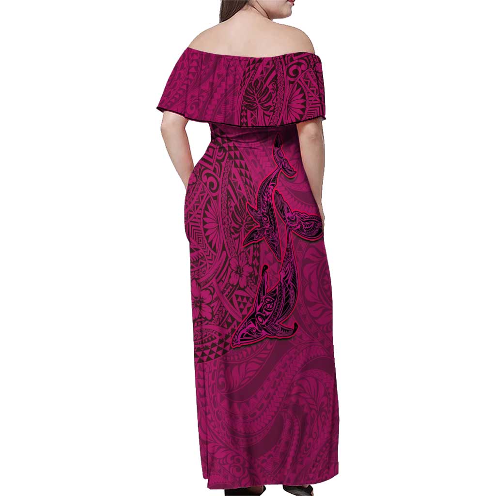 Hawaiian Whales Polynesian Art Motifs Family Matching Off Shoulder Maxi Dress and Hawaiian Shirt Pink Color LT03 - Polynesian Pride
