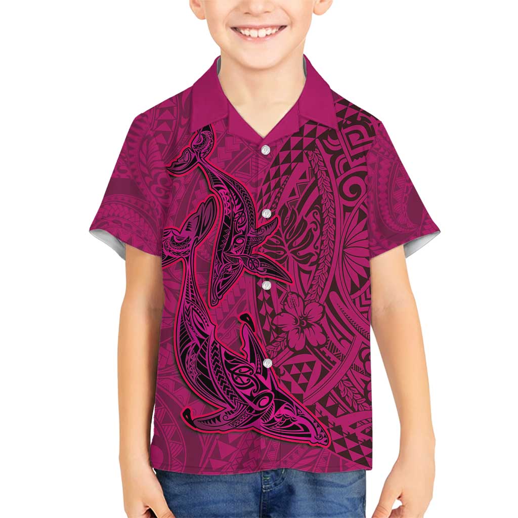 Hawaiian Whales Polynesian Art Motifs Family Matching Off Shoulder Maxi Dress and Hawaiian Shirt Pink Color LT03 Son's Shirt Pink - Polynesian Pride
