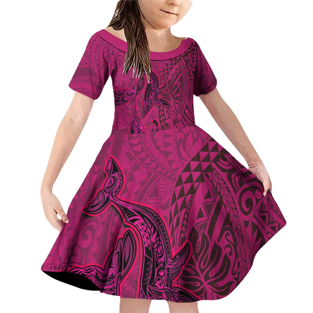 Hawaiian Whales Polynesian Art Motifs Family Matching Off Shoulder Short Dress and Hawaiian Shirt Pink Color LT03 Daughter's Dress Pink - Polynesian Pride