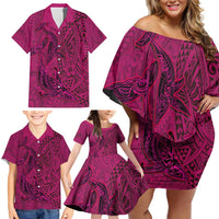 Hawaiian Whales Polynesian Art Motifs Family Matching Off Shoulder Short Dress and Hawaiian Shirt Pink Color LT03 - Polynesian Pride