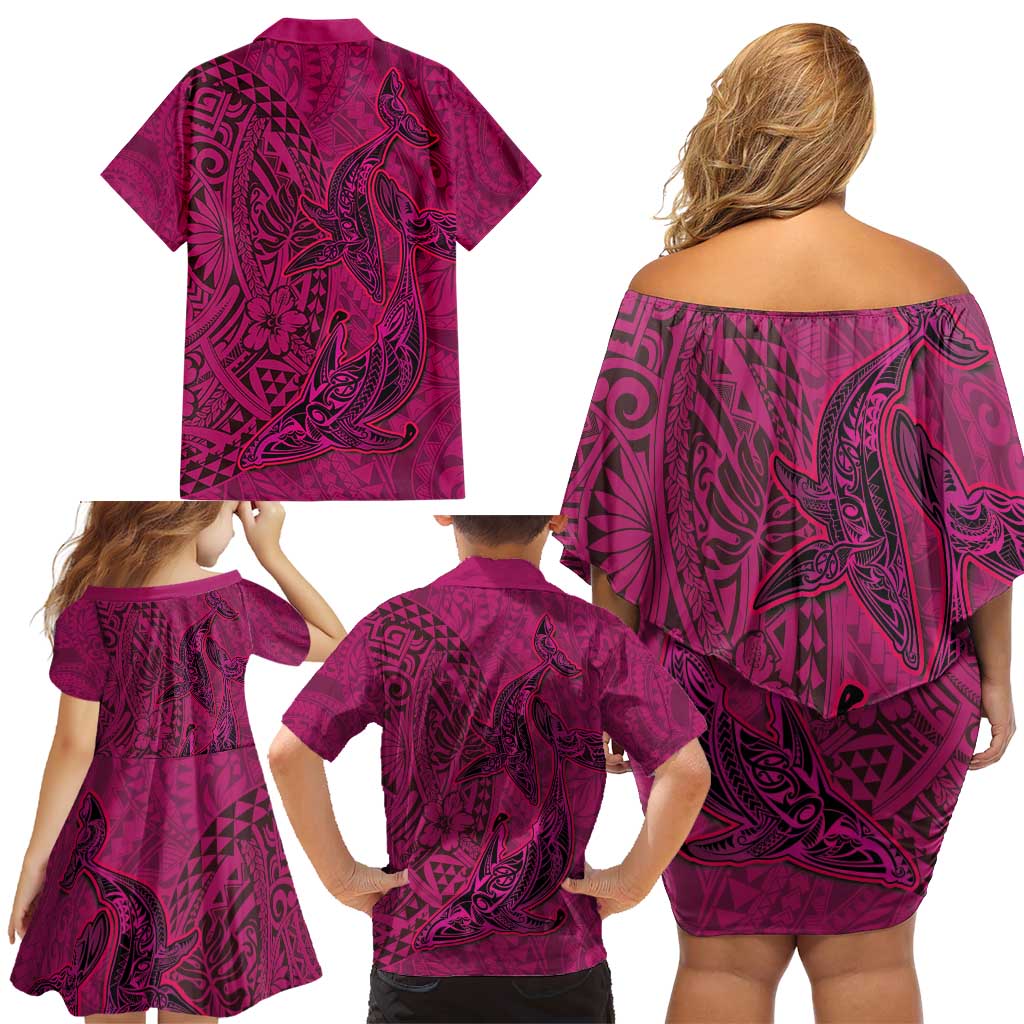 Hawaiian Whales Polynesian Art Motifs Family Matching Off Shoulder Short Dress and Hawaiian Shirt Pink Color LT03 - Polynesian Pride