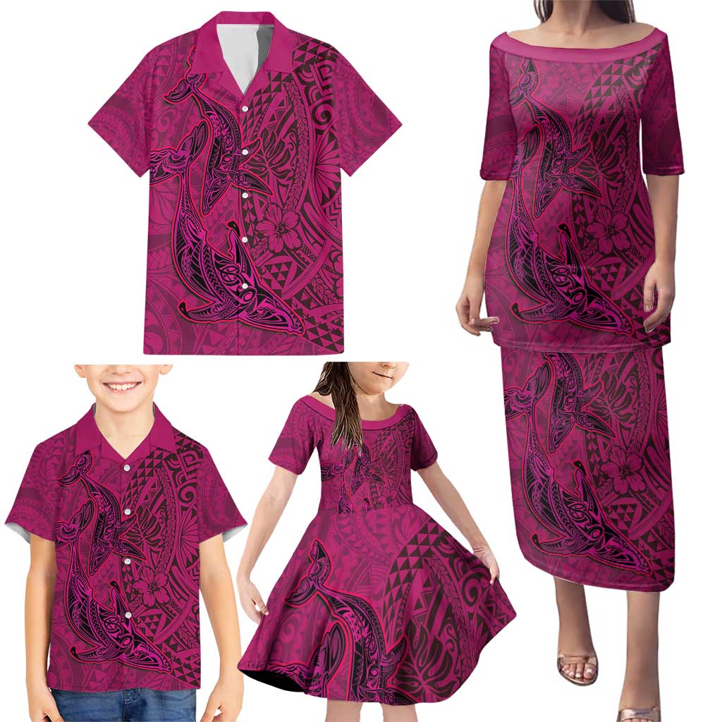 Hawaiian Whales Polynesian Art Motifs Family Matching Puletasi and Hawaiian Shirt Pink Color LT03 - Polynesian Pride
