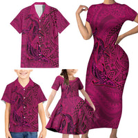 Hawaiian Whales Polynesian Art Motifs Family Matching Short Sleeve Bodycon Dress and Hawaiian Shirt Pink Color LT03 - Polynesian Pride