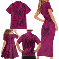 Hawaiian Whales Polynesian Art Motifs Family Matching Short Sleeve Bodycon Dress and Hawaiian Shirt Pink Color LT03 - Polynesian Pride