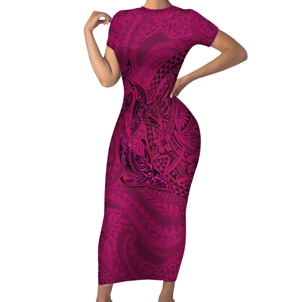 Hawaiian Whales Polynesian Art Motifs Family Matching Short Sleeve Bodycon Dress and Hawaiian Shirt Pink Color LT03 Mom's Dress Pink - Polynesian Pride