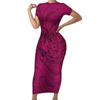 Hawaiian Whales Polynesian Art Motifs Family Matching Short Sleeve Bodycon Dress and Hawaiian Shirt Pink Color LT03 Mom's Dress Pink - Polynesian Pride