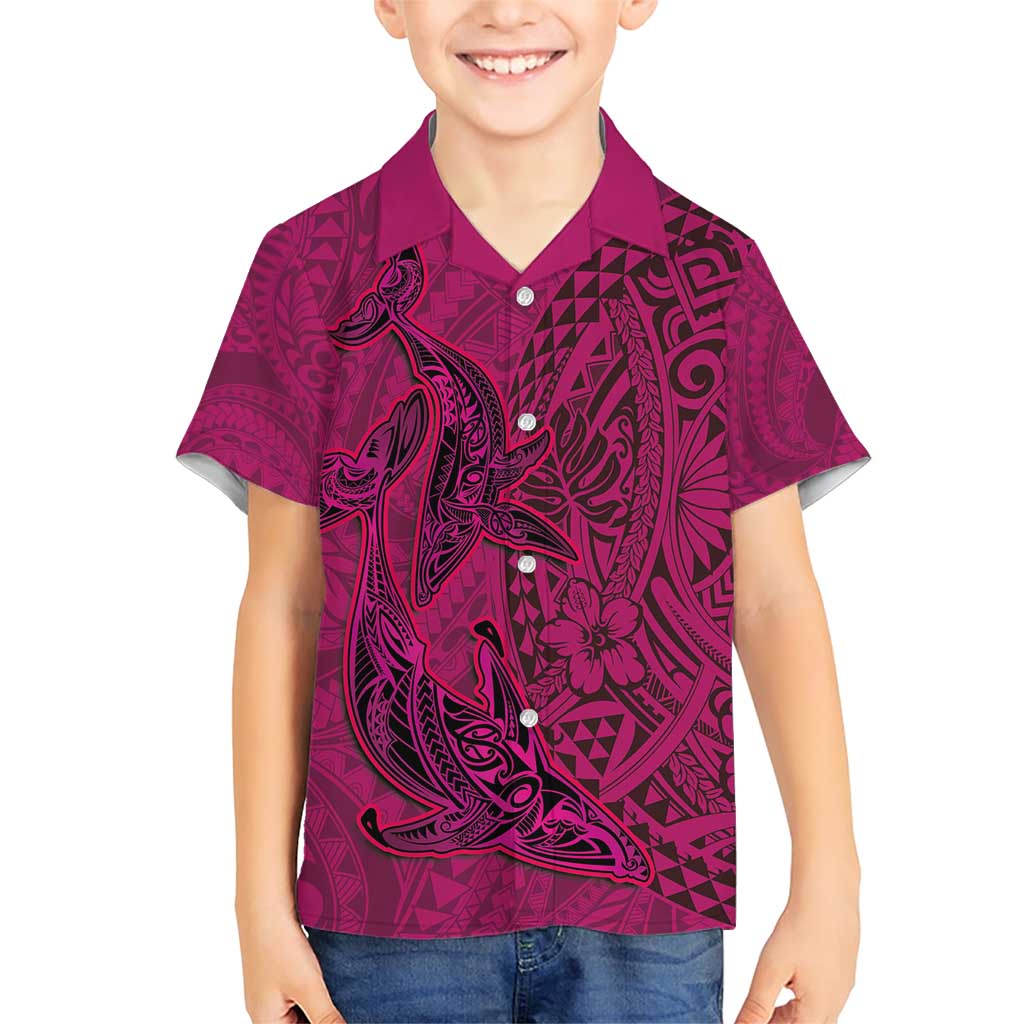 Hawaiian Whales Polynesian Art Motifs Family Matching Short Sleeve Bodycon Dress and Hawaiian Shirt Pink Color LT03 Son's Shirt Pink - Polynesian Pride